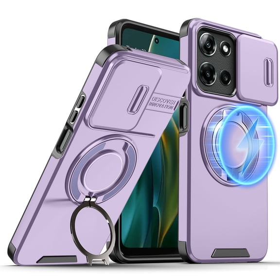 Magcova for Motorola G 5G (2026/2025)/G Play (2026) Case with Sliding Cover, Shockproof Magnetic Cover with Rotate Ring Stand,Purple