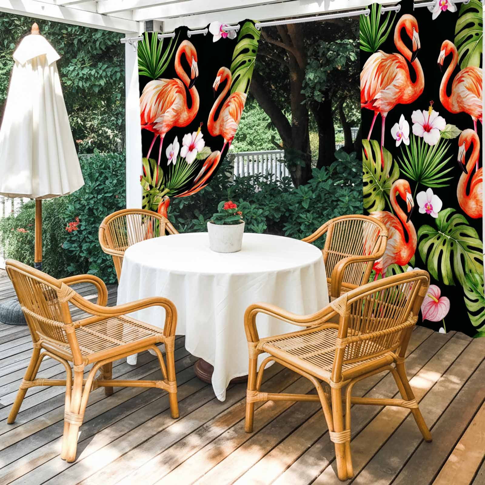 Pink Flamingos Outdoor Curtains for Patio, Green Tropical Leaf Hibiscus Flower Botanical Sunshade Privacy Drapes Grommet Waterproof Outside Curtains for Porch/Cabana/Balcony 54"x 108", 1 Panel