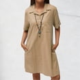 thumbnail image 2 of CIENVNSTG Women Summer Dress Short Sleeve Knee Length T Shirt Dress Blouse Solid V Neck Casual Dresses Khaki M, 2 of 6