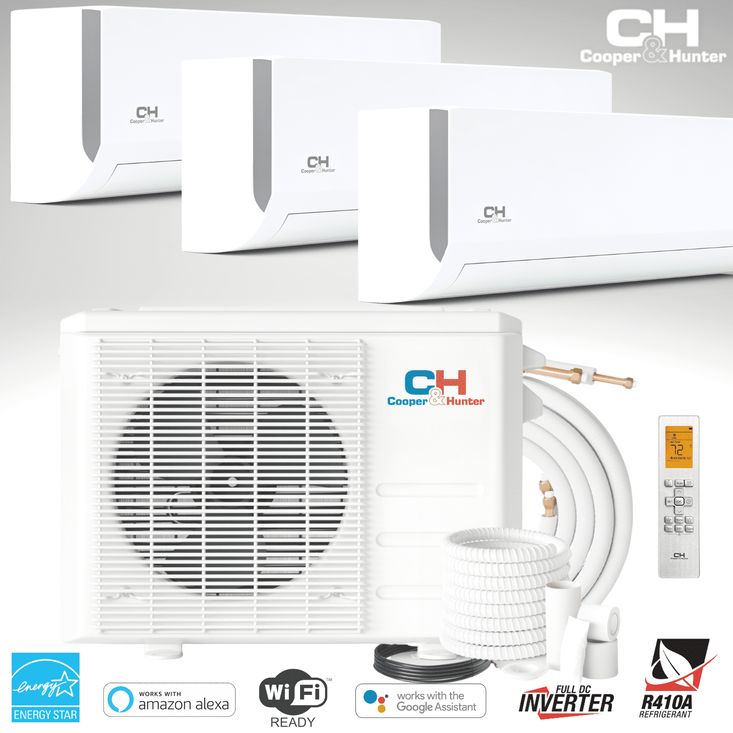 Cooper & Hunter 28000 BTU 230V Wall Mounted Tri 3 Zone Mini Split Heat Pump Air Conditioner 9K+9K+9K Cover 1200 Sq Ft WiFi