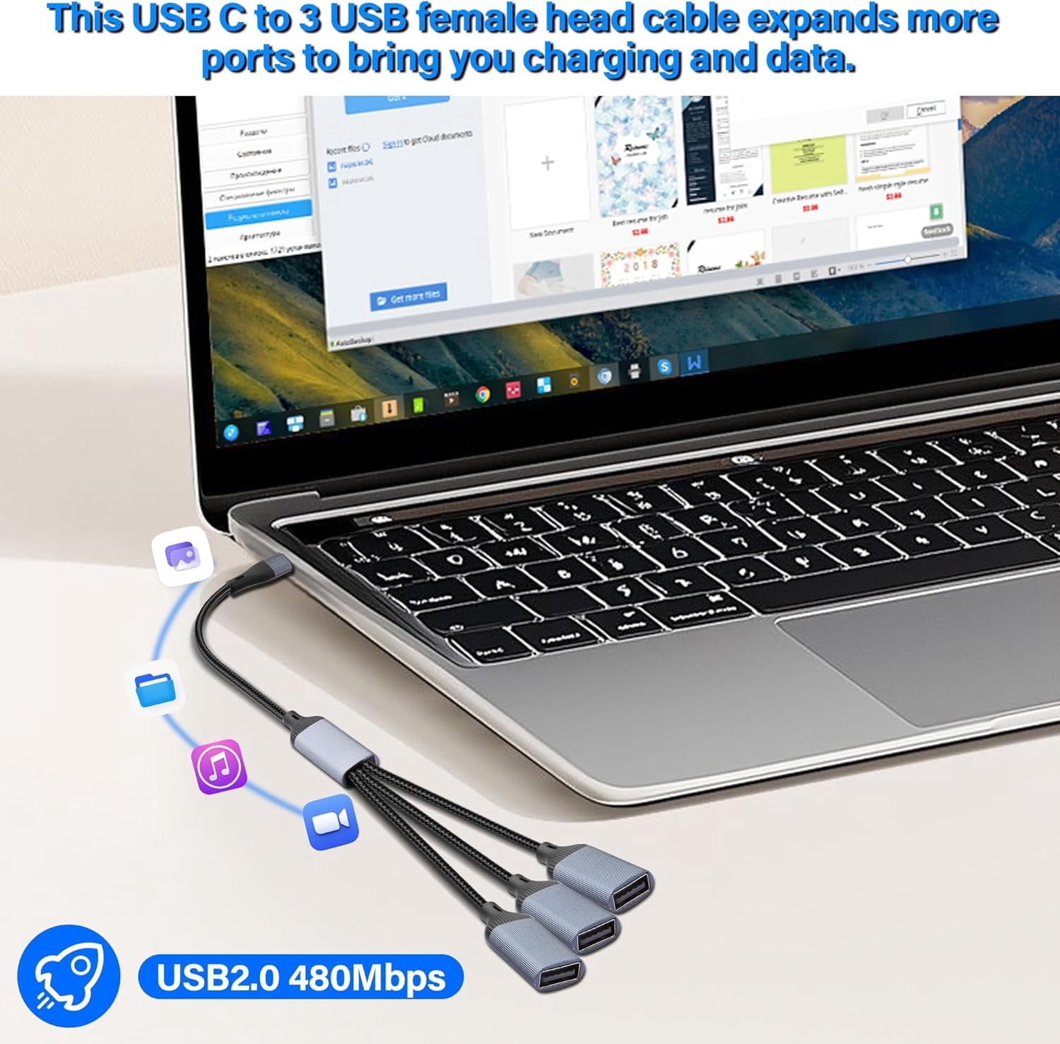 HRTGFD-3-in-1 Splitter USB-C Cable,USB Type C Male to 3 USB Female Adapter Cable Support Charging/Data Transfer Type C to USB 2.0 OTG Extension Cable for Laptop Tablet Hub 13.8in/35CM