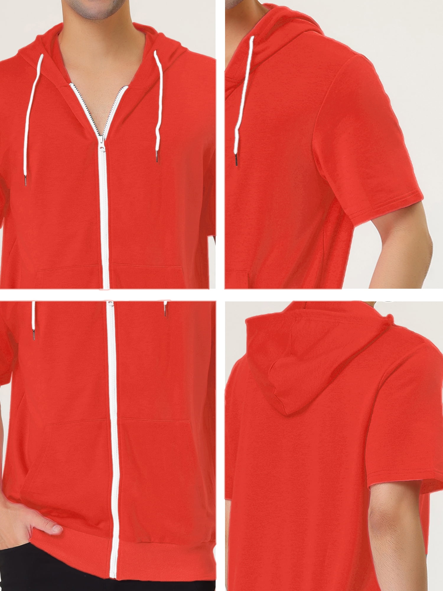 Unique Bargains Men's Short Sleeve Solid Color Zip Up Sport Hoodies L Bright Orange