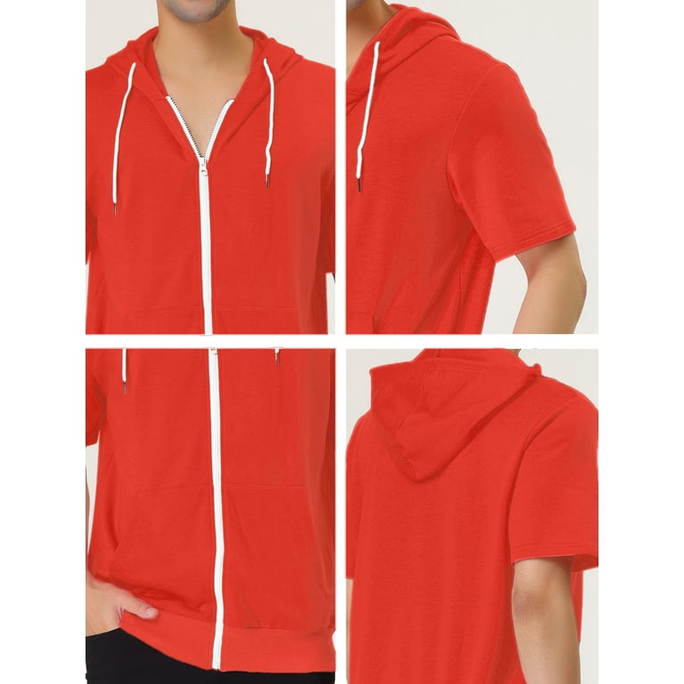 Unique Bargains Men s Short Sleeve Solid Color Zip Up Sport Hoodies S Bright Orange Size Small