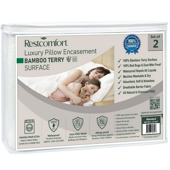 Rest Comfort Bamboo Terry Zippered Pillow Case Protector, Standard 2-Pack