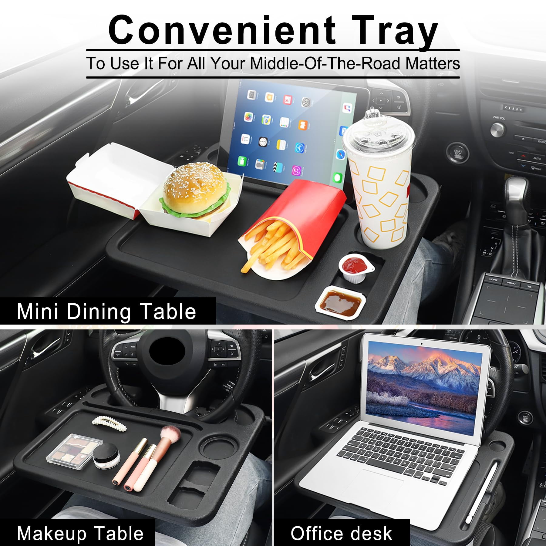 Car Steering Wheel Desk for Laptop,Multipurpose Travel Car Accessories, Car Seat Stand Trays for Eating, Steering Wheel Overhead Table Console(Black)