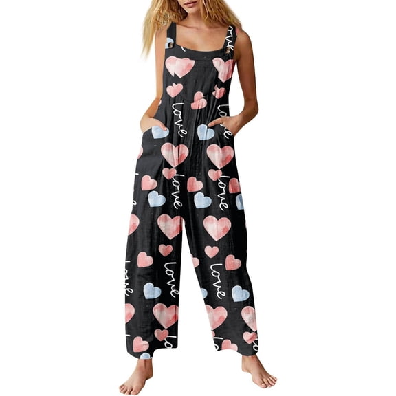 Women's Fashion Valentine's Heart Print Pocket Jumpsuit