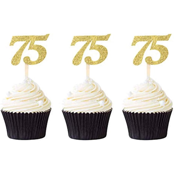 75th Birthday Cupcake Toppers, Gold Glitter Number 75 Picks, Anniversary Party Decorations, 10 Count
