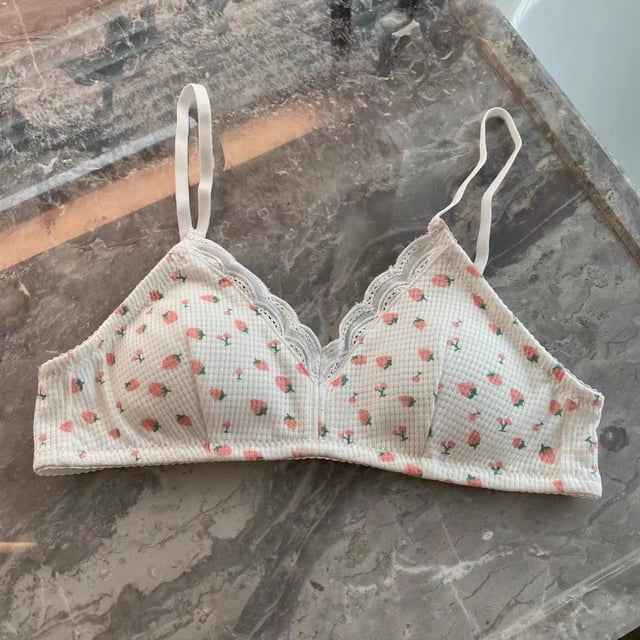Sujetador de niña con escote en V profundo, sin aros, con encaje fruncido, copa triangular, para estudiantes, con fresas y cerezas
