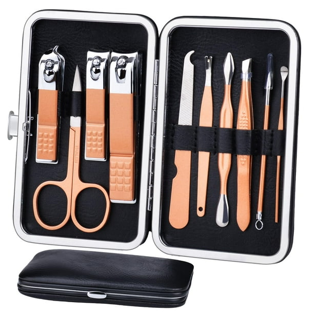 Set de manicura HANTEKAS 10 en 1 de acero inoxidable con funda de piel