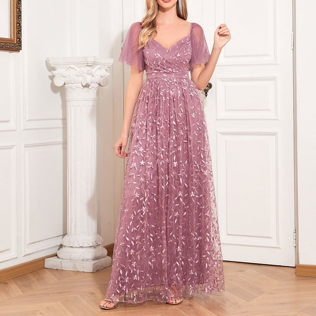 Fankiway Femmes Élégantes Manches Courtes V-Cou U-Back Robe de Soirée une Ligne Brodée Maille Robe Femmes Plage Sundresses Grande Taille Robes de Femmes