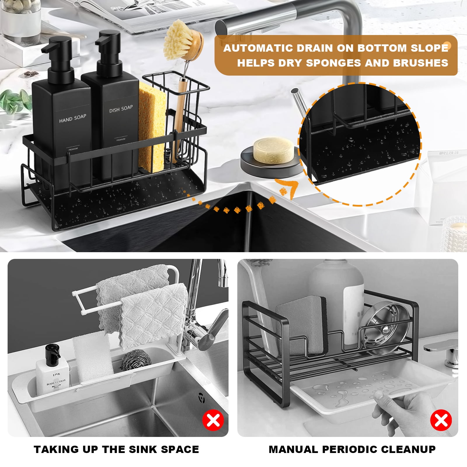 GM GMISUN Dish Soap Dispenser for Kitchen, 12 fl oz/350 ml Kitchen Soap Dispenser with Sponge Holder, Customized Matte Black Kitchen Soap Dispenser Set