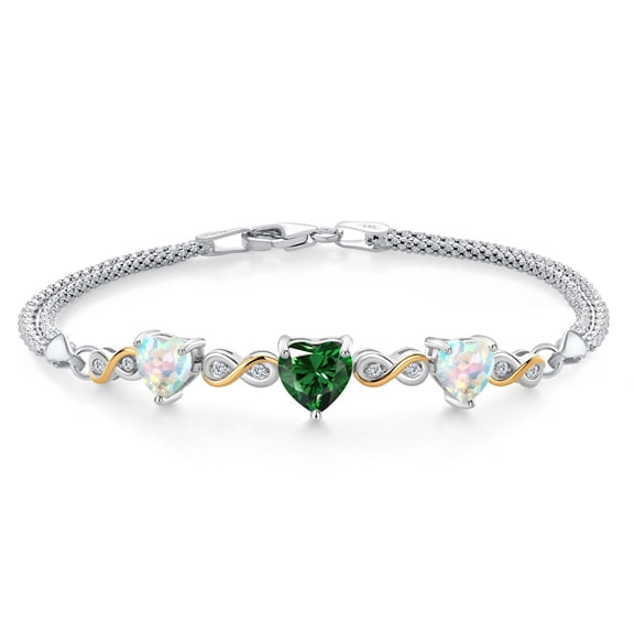 925 Silver and 10K Yellow Gold Green Nano Emerald and Simulated White Opal and White Lab Grown Diamond Bracelet for Women (2.58 Cttw, May Birthstone, Heart 7MM and 6MM, 6.5/7/7.5 inch, Made in Italy)