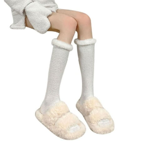 

Womens Over Calf Knee High Socks Fluffy Furry Trim Solid Color Boots Stockings