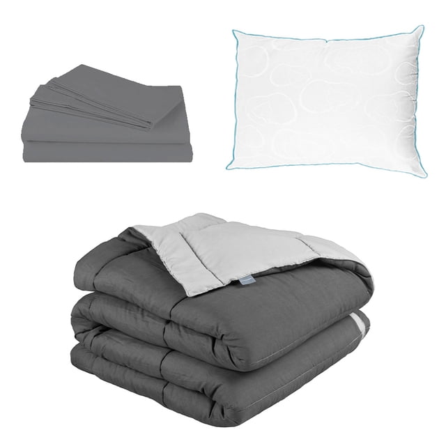 Edredón Dos vistas Individual Rogga Gris Oxford - Gris Perla + Sábanas Basic + Almohada Osos