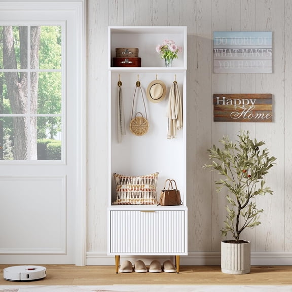 74 In Hall Tree with Bench Coat Hooks Shoe Storage Cabinet and Metal Legs White