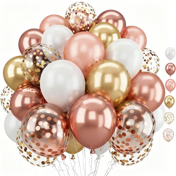 60 Packs 12 inch Metallic Rose Gold and Chrome Gold Party Balloons, Rose Gold Confetti Balloons with Ribbon for Girls Women Birthday Wedding Anniversary Baby Bridal Shower Decorations
