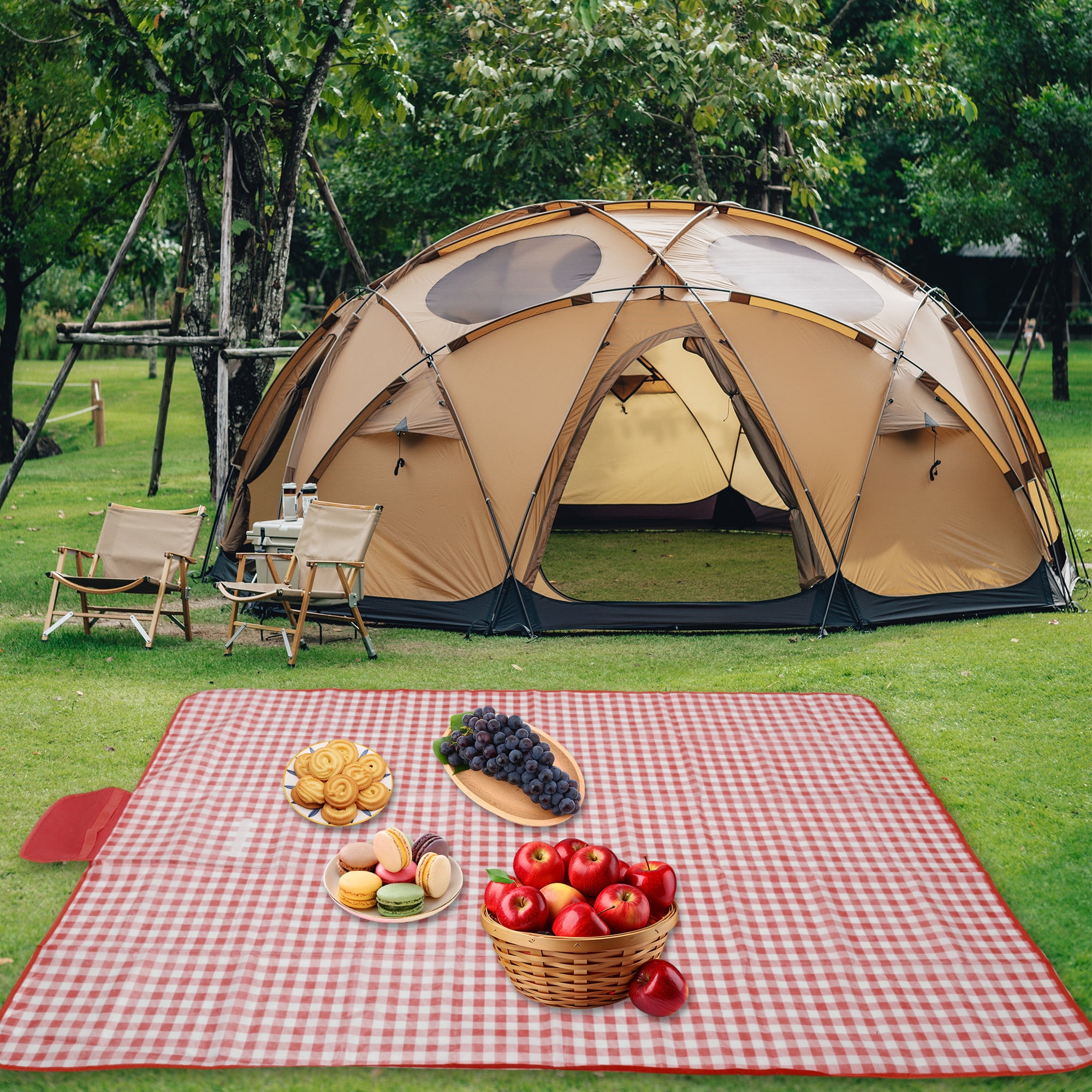 Unique Bargains Picnic Blanket Beach Mat Lightweight with Handle Red White 200x200cm