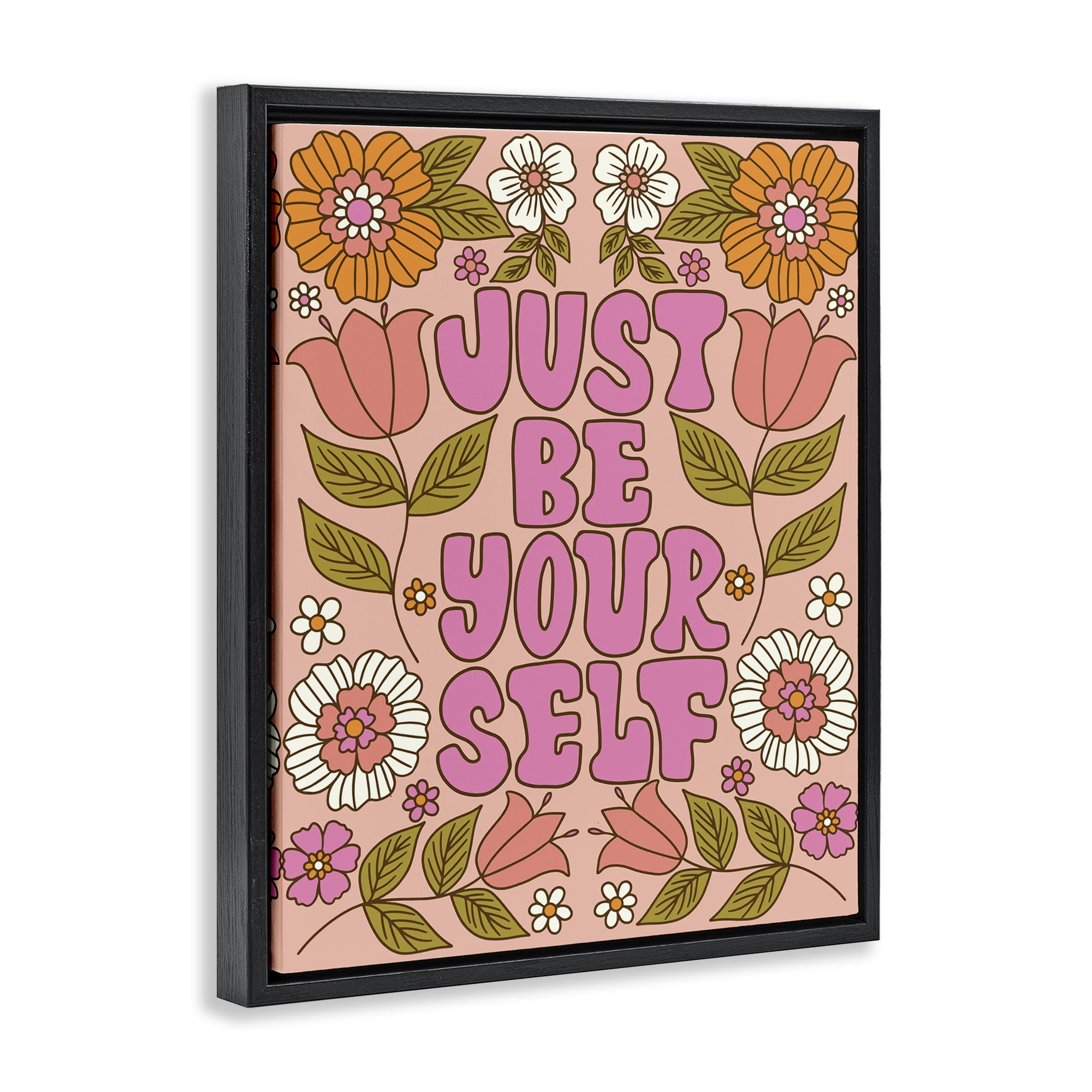 Stupell Industries Be Yourself Flower Power Plants & Flowers Painting Black Floater Framed Canvas Art Print Wall Art, 17 x 21
