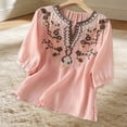 thumbnail image 4 of Summer Women Boho T-Shirts Floral V Neck Embroidered Tops Short Sleeve Loose Casual Flowy Trendy Shirts Pink L, 4 of 6