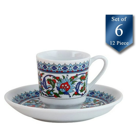 Turkish Coffee Cup Set of 6, Cuban Porcelain Fancy Espresso Cups with Saucers, Demitasse Arabic Greek Coffee Cups