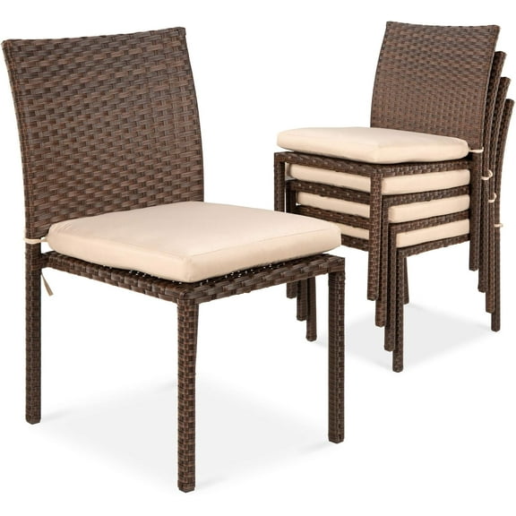 CHAUKY Set of 4 Stackable Outdoor Patio Wicker Chairs w/Cushions, UV-Resistant Finish, and Steel Frame - Brown/Cream