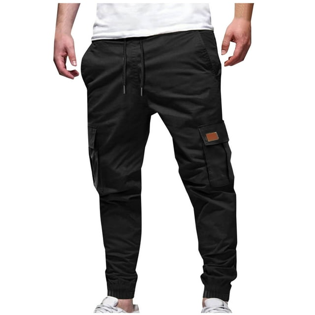 AherBiu Men Work Pants Drawstring Slim Fitted Hiking Cargo Joggers with Multi Pockets Elastic Waist Trousers