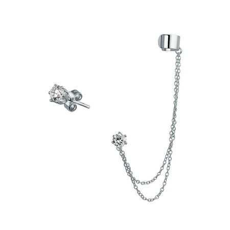 ear cuff lobe earring helix cartilage stud cz plain wrap sterling chain band double clip silver