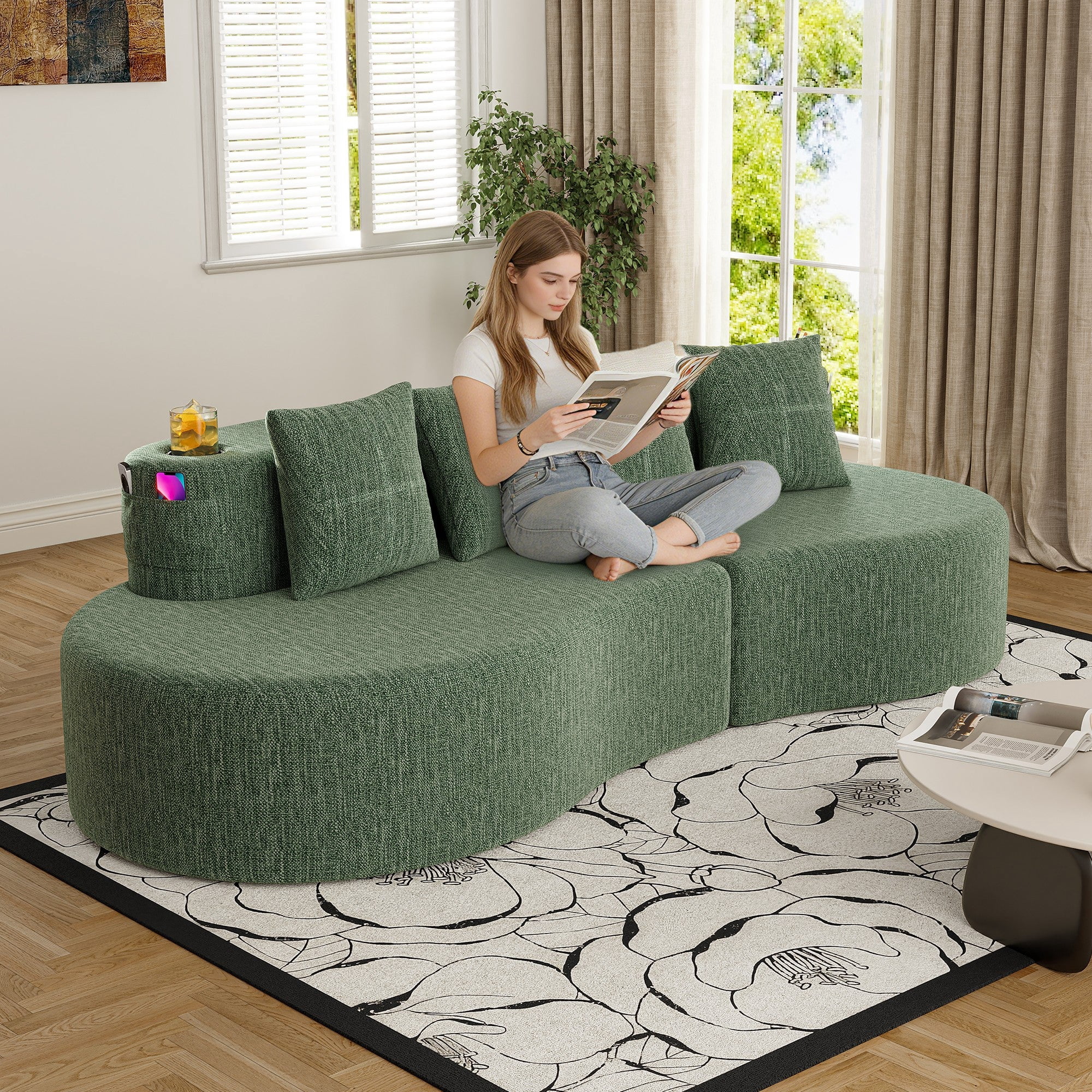 Sailvan Modern Curved Sectional 3 Seat Sofa,Minimalist Half Moon Modular Couch for Living Room,Office and Apartment,Soft Chenille Fabric Green