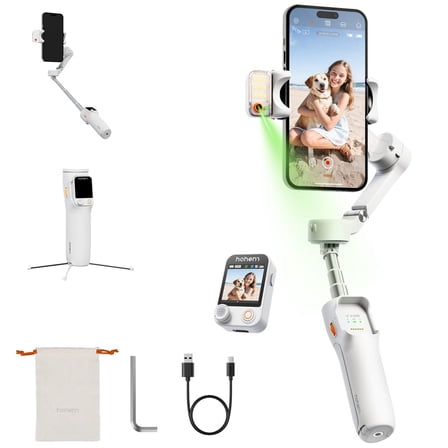 hohem iSteady V3 Ultra Gimbal Stabilizer for iPhone,Phone Gimbal with AI Tracking & Fill Light,Built-in Extendable Rod & Tripod,Detachable Remote Control,Stabilizer for Vlog (White)