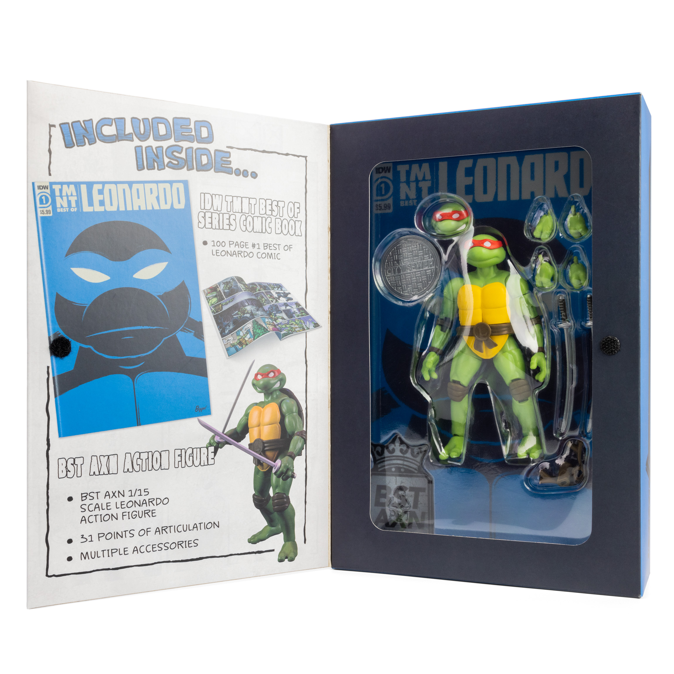 TMNT Leonardo Action Figure 16 Cm - Edizione Classica 1988, 30 Punti Di Articolazione, Armi Incluse, Base Tombino, Tartarughe Ninja Collezionabili