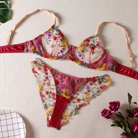 

Ykohkofe Women Sexy Lace Floral Color Matching With Steel Ring Bra Briefs Sexy Lingerie Set