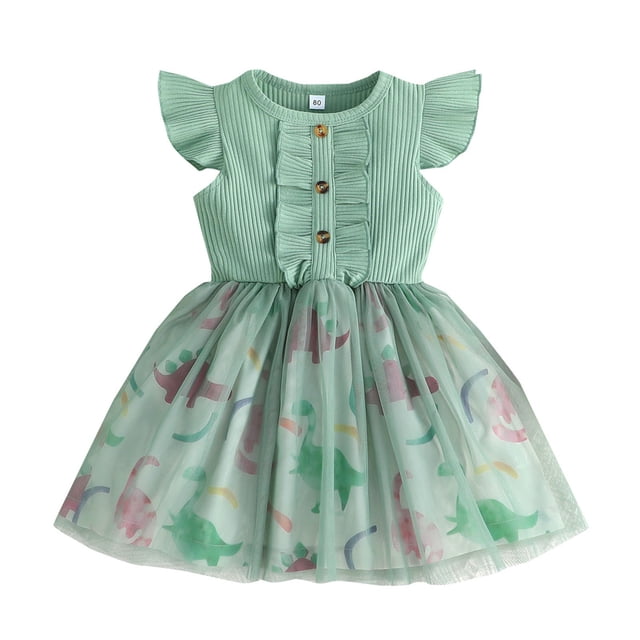 B91xZ Robe Printemps Été pour Filles Manches à Volants Extensible Ligne A Évasée Patineuse Robe de Fête, Vert 12-18 Mois