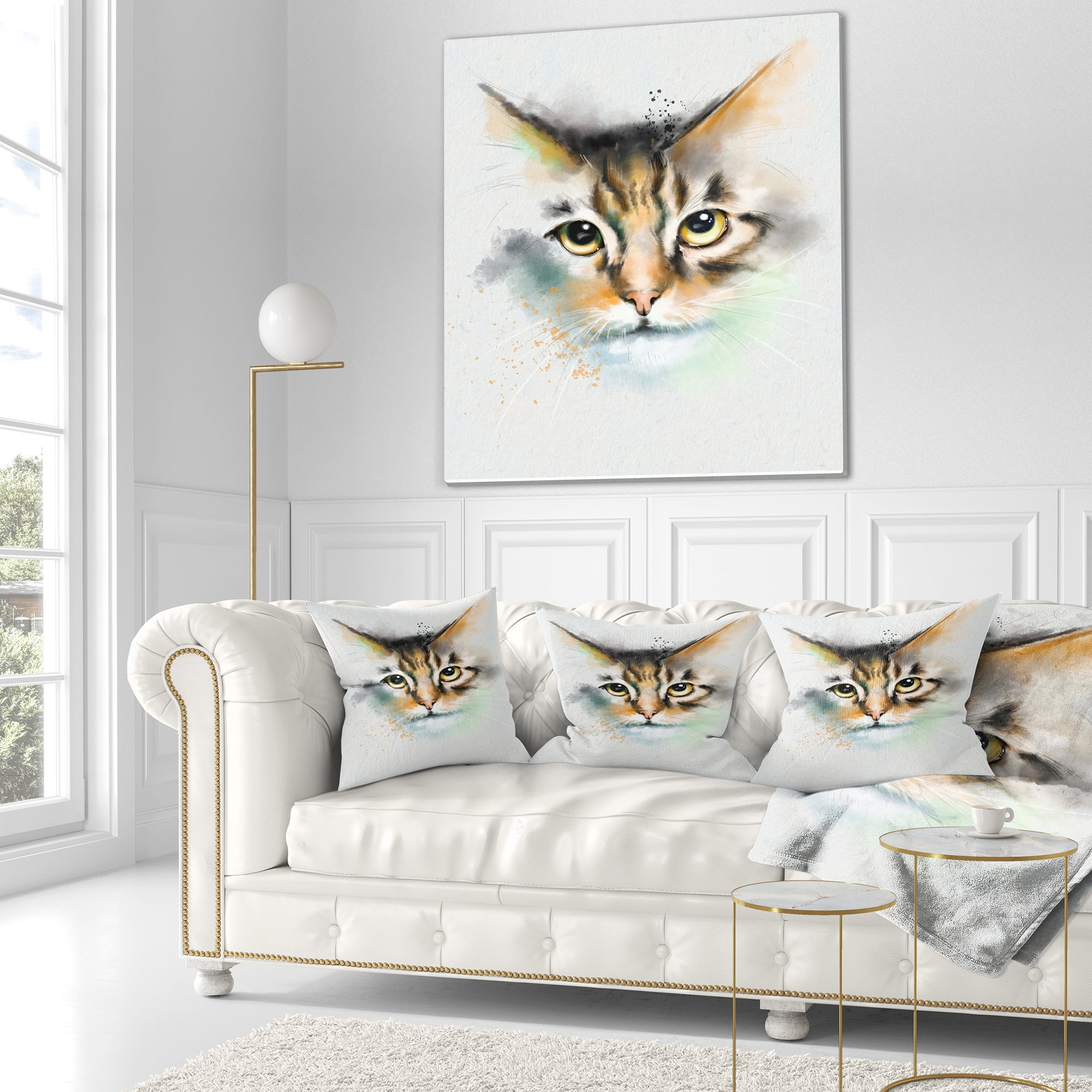 Designart Strong Look of Cat Watercolor Sketch - Animal Throw Pillow - 16x16