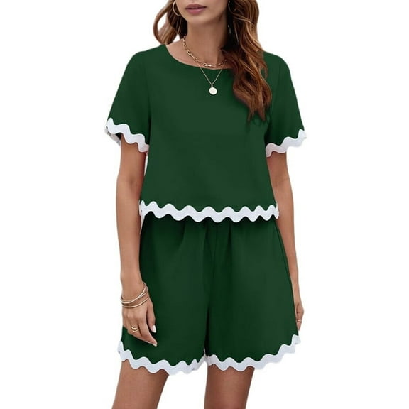 Prettady Summer 2 Piece Sets for Women Outfits Casual Rick Rack Short Sleeve Pullover Tops and Shorts Pants Lounge Sets Ink Green S