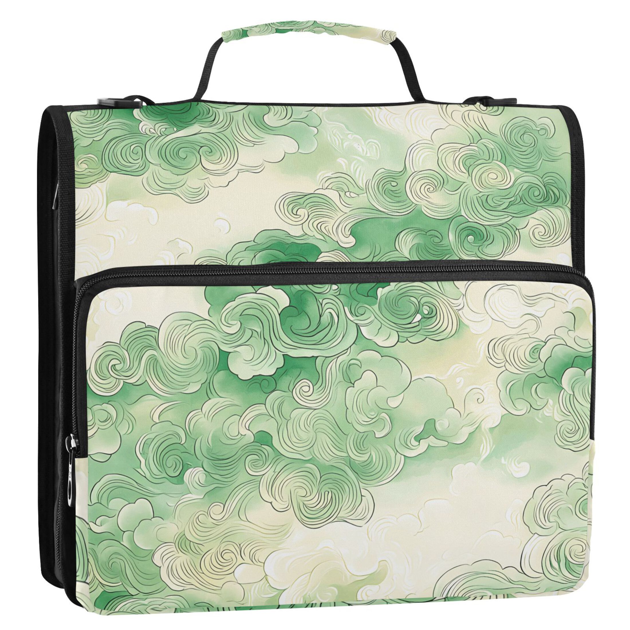 3 Ring Zipper Binder with Shoulder Strap Waterproof Trapper Keeper 2 Inch D-Ring 500 Sheets Capacity Green Auspicious Clouds