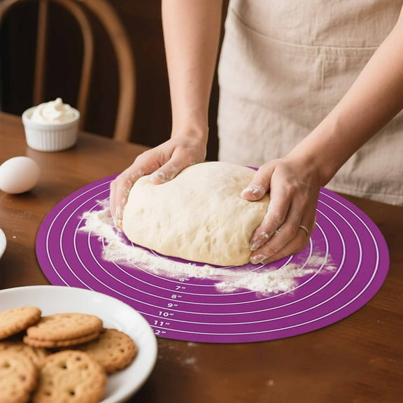 12 Inch Silicone Cake Mat Round Silicone Baking Mat with Measurements Pink Blue Reusable Non-Stick Sheets Heat Resistant Cookie Pad for Baking Pizza Pan Rolling Dough Pastry (Purple)