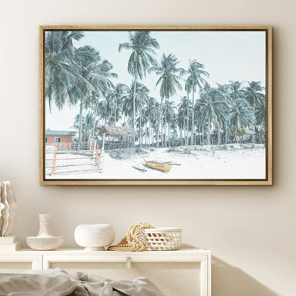 PixonSign Framed Canvas Print Wall Art Palm Trees Sway Over California Beach Nature Ocean Photography Realism Bohemian Scenic Urban Blue Cool for Living Room, Bedroom, Office - 24"x36" Natural
