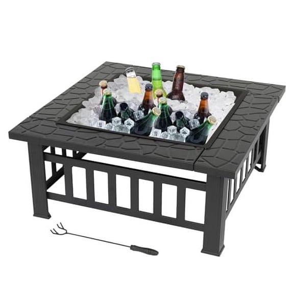 FCH 32" Outdoor Square Fire Pit with BBQ Rack, Rain Cover, Spark Screen Top and Poker Metal Firepit for Outside Backyard Patio Garden Terrace