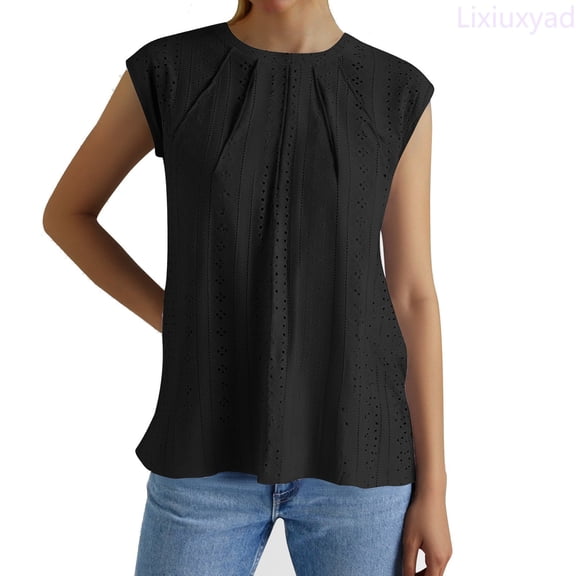 Lixiuxyad Women's Fashion Casual Loose Round Neck Hollowed Out Solid Color T Shirt 1 Dressy Casual,Black L
