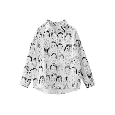 - Funcee Women Long Sleeve Cotton Linen Turn-down Collar Printed Shirts Blouse Spring Autumn