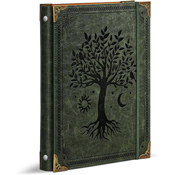 Leather 3 Ring Binder Fits 8.5"x11" Letter Size Paper, 1 Inch Round Holds 200 Sheets, Notebook Cover Loose Leaf Organizer, Green Tree