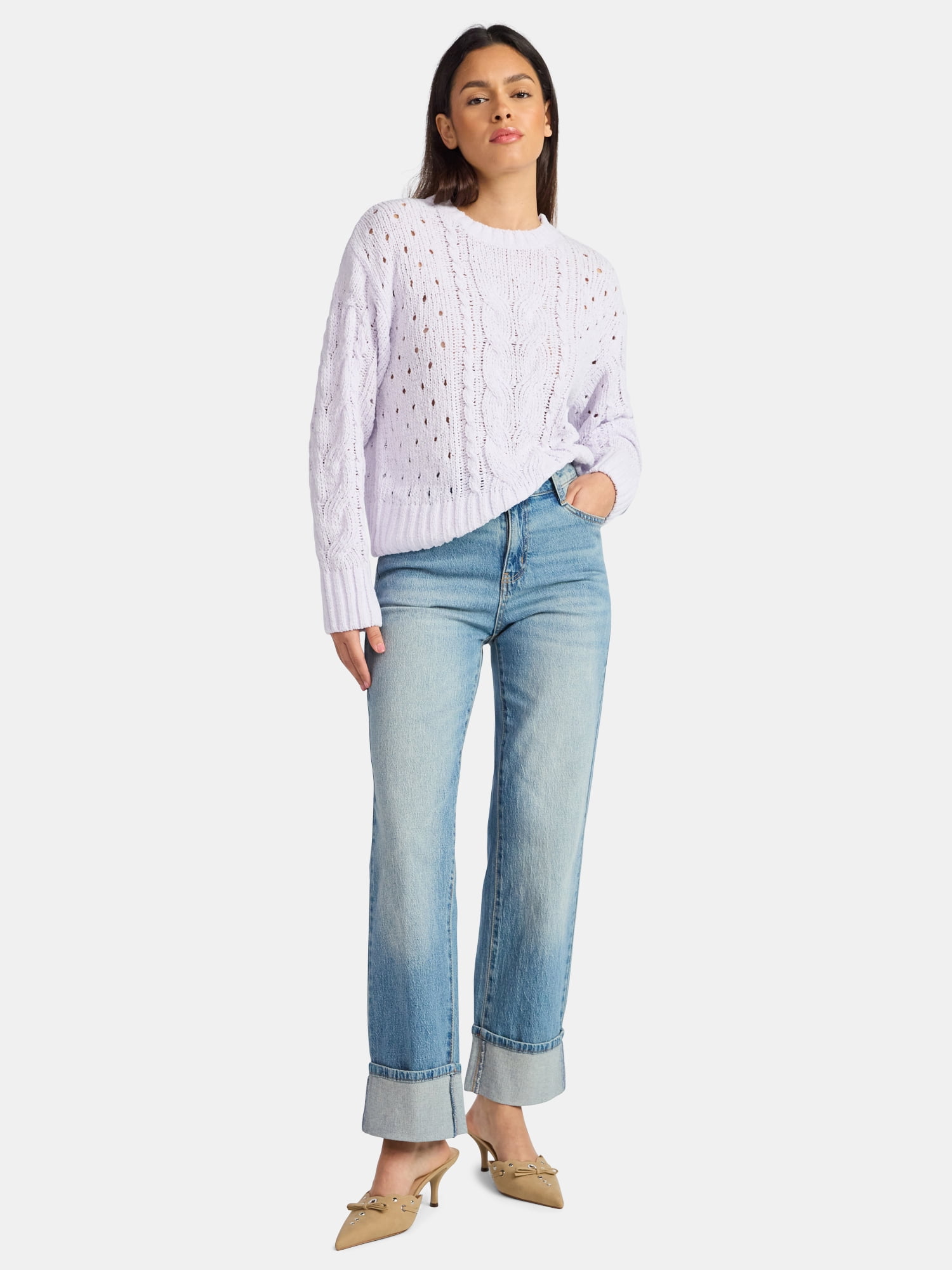 Time and Tru Women's Cable Knit Pullover Sweater with Long Sleeves, Midweight, Sizes XS-XXXL