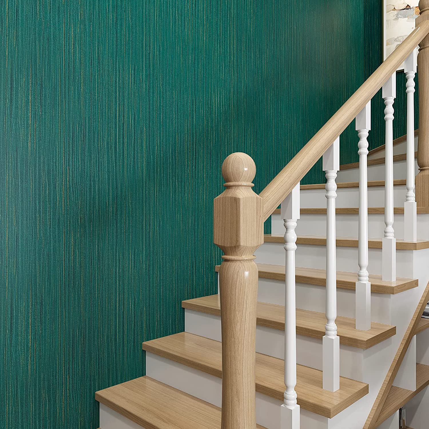 VEELIKE Teal Green Grasscloth Peel And Stick Wallpaper - 15.7" X 354", Textured Faux Linen, Waterproof, Removable