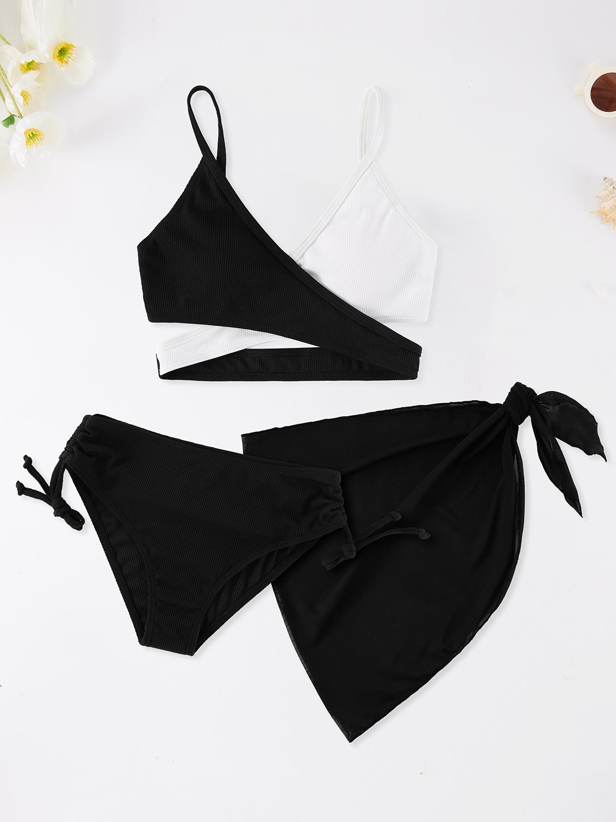 Girl's 3 Piece Bikini Swimsuit Cute Color Block Criss Cross