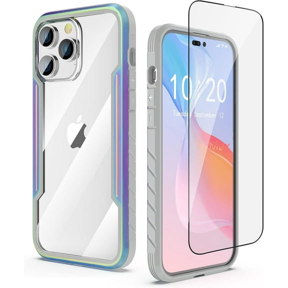 Compatible with iPhone 14 Pro Case, 2 in 1 Shockproof Military Protection Slim Cases Phone Covers Clear with 1 Glass Screen Protector for iPhone 14 Pro 6.1 inch- Iridescent
