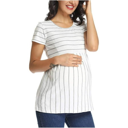 Heliisoer Fashion Solid Sleeve Breast-Feeding Stripe Short Pregnant ...