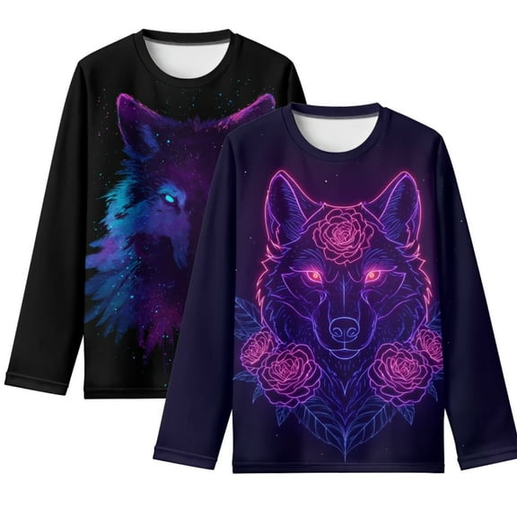 Psesaysky 2 Pack Purple Wolf Rose Girls Long Sleeve Shirts Soft Lightweight Crewneck 3-4 Years Girls' Basic Long-Sleeve T-Shirts Toddlers' Winter Tees