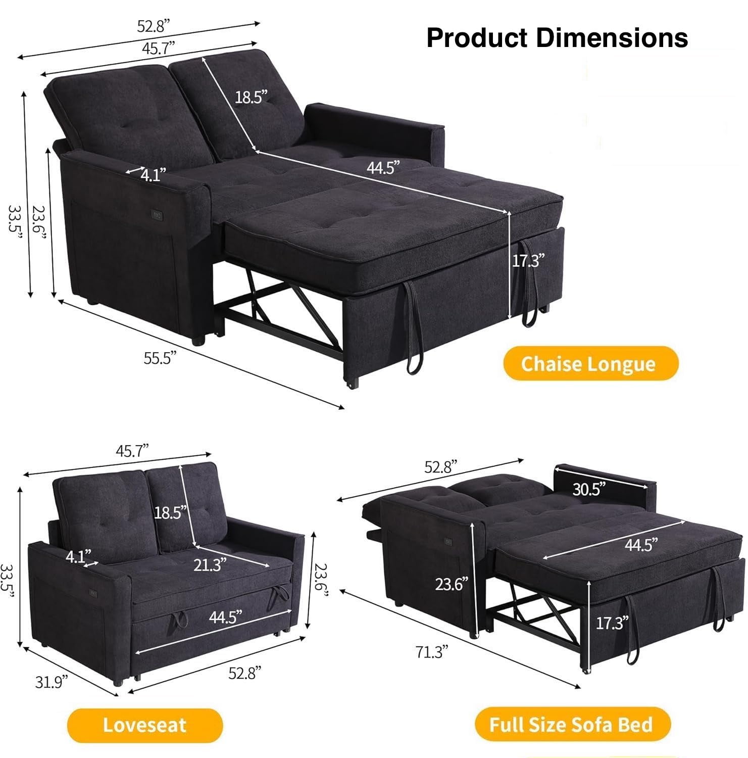 TiramisuBest 3 in 1 Sleeper Sofa Bed, 55'' Convertible Pull Out Couch with Side Pockets, Loveseat Sleeper Sofa with Adjustable Backrest for Living Room Bedroom Apartment (Black)