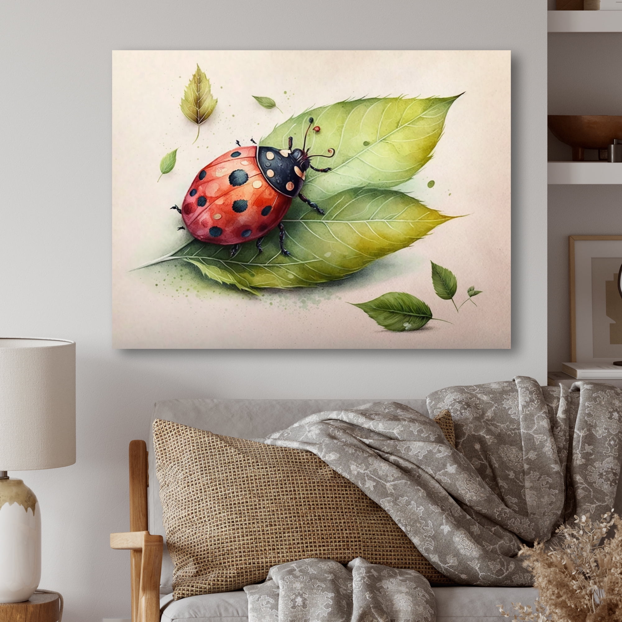 Designart Ladybug On A Leaf Canvas Wall Art