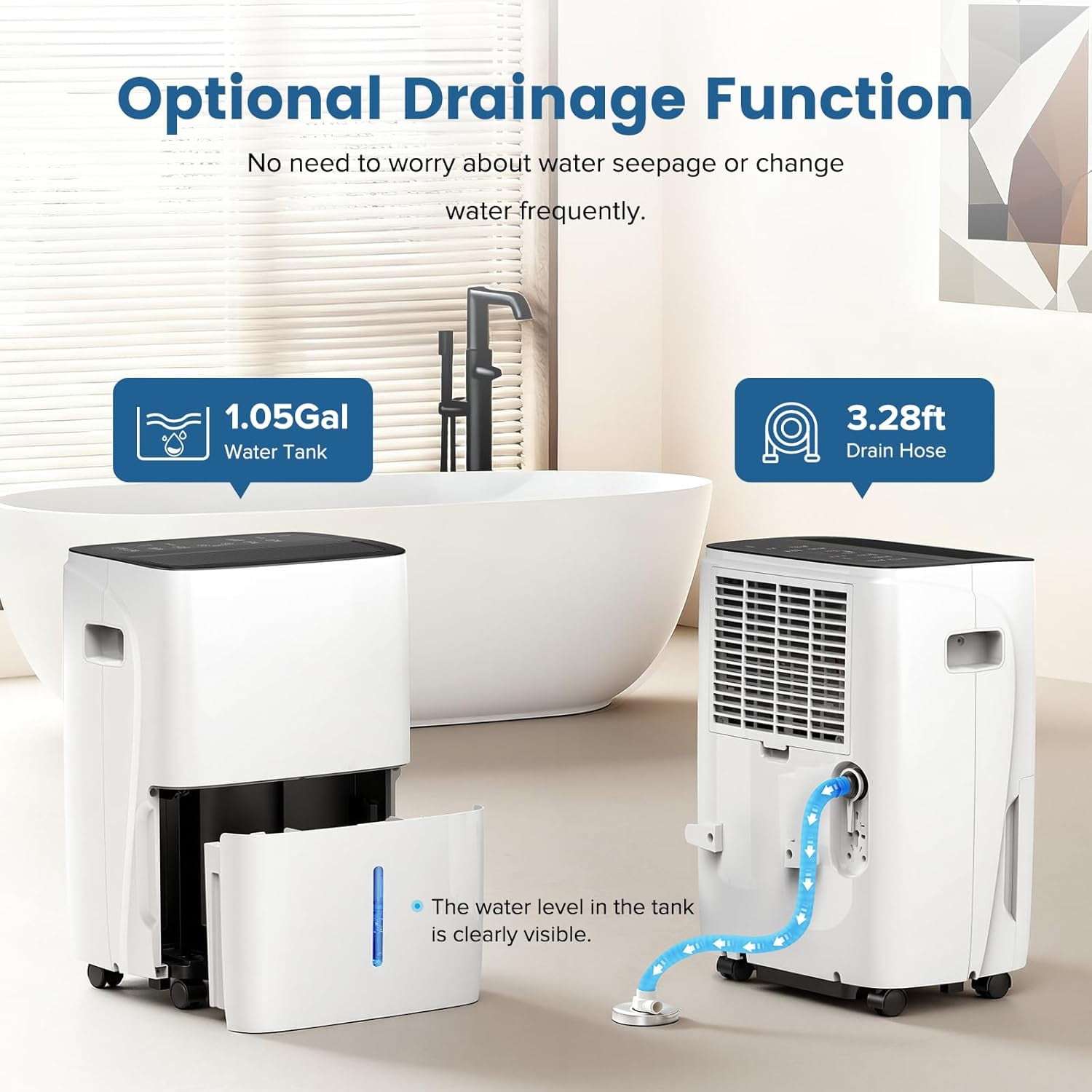 WAA 60 Pint Dehumidifier 4,500 Sq.Ft,High-Efficiency Compressor,Dual Drainage,24HR Timer (Home/Basement)​